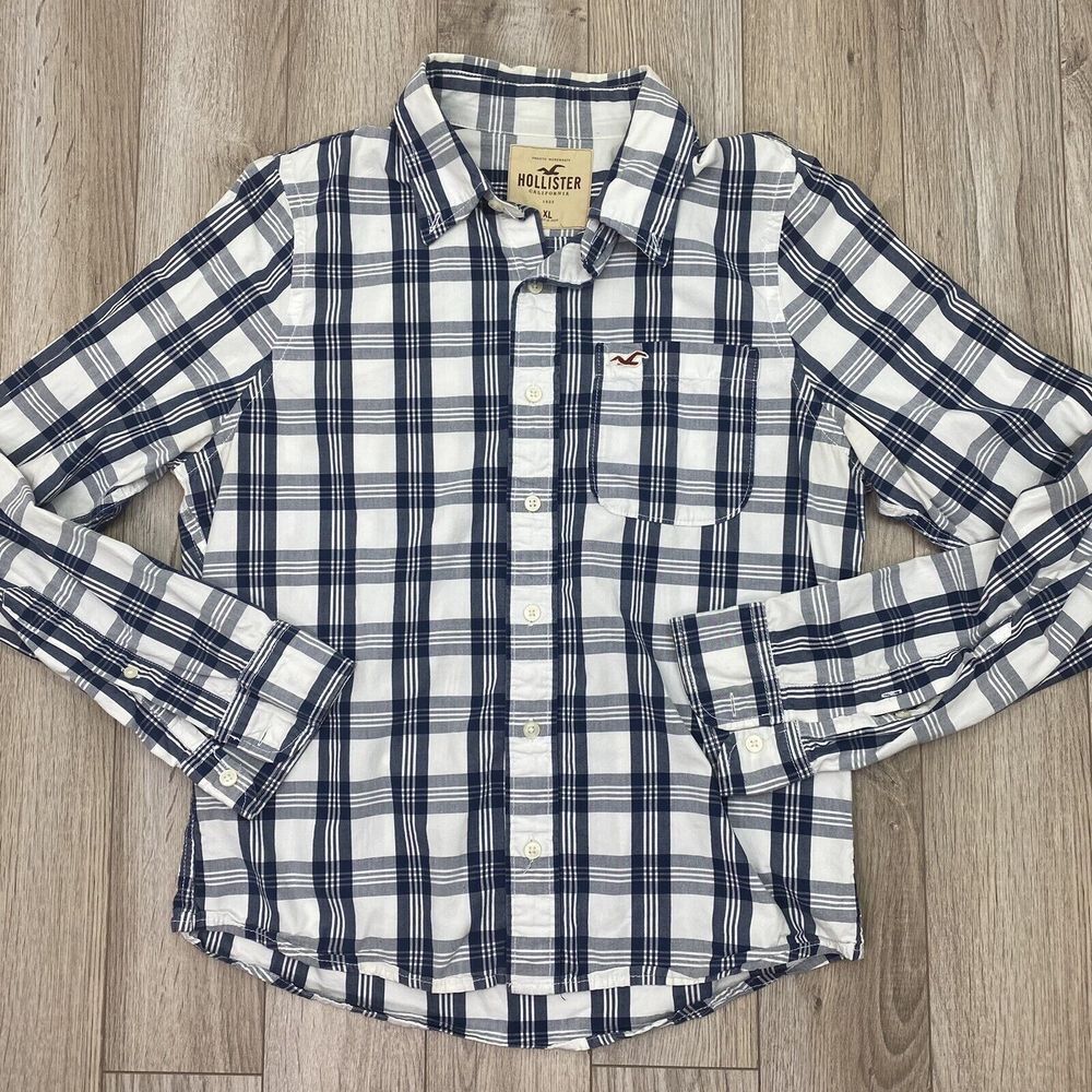 Hollister Button Up Shirt Youth XL Blue White Plaid Long Sleeve